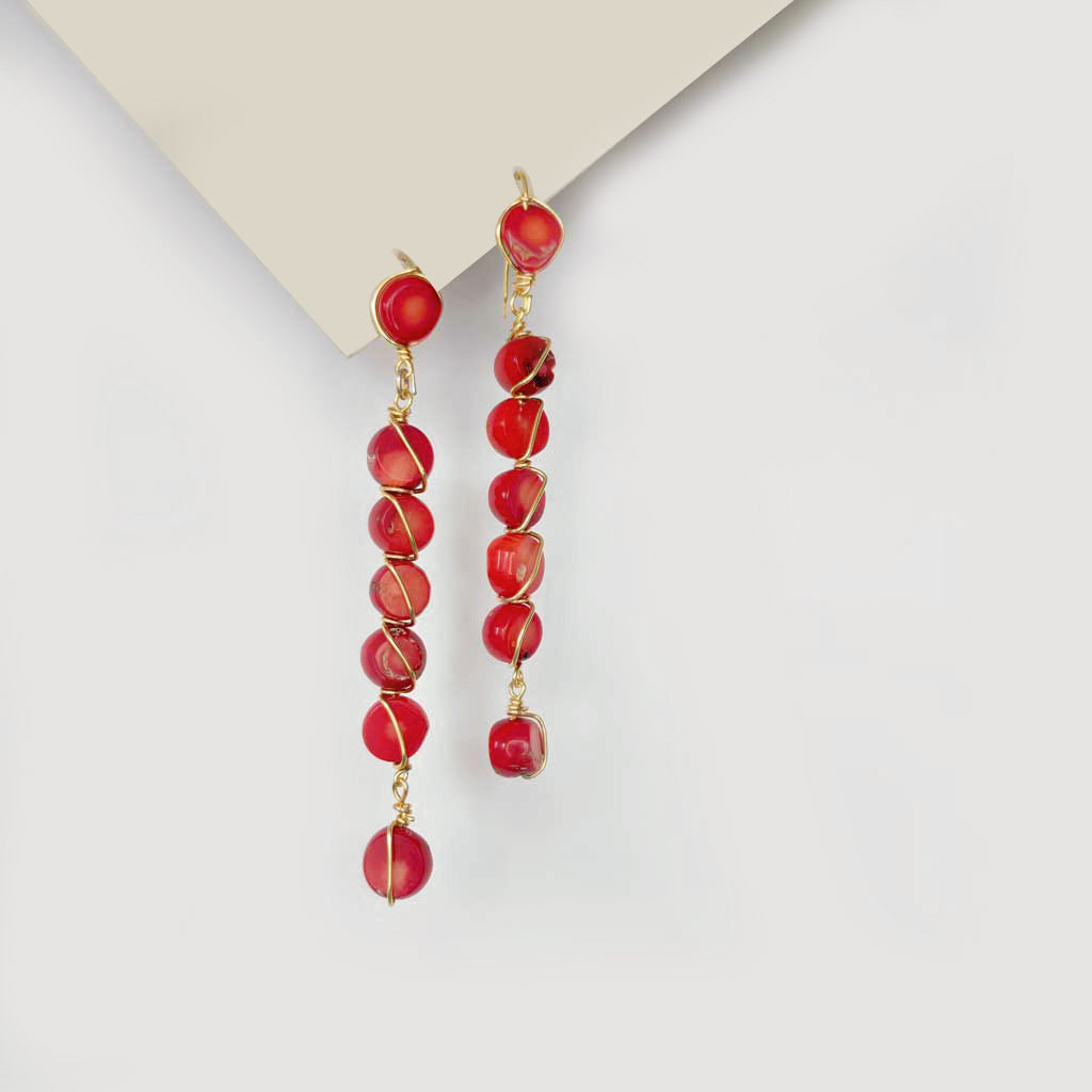 Red Corals and Pearls Long Earrings