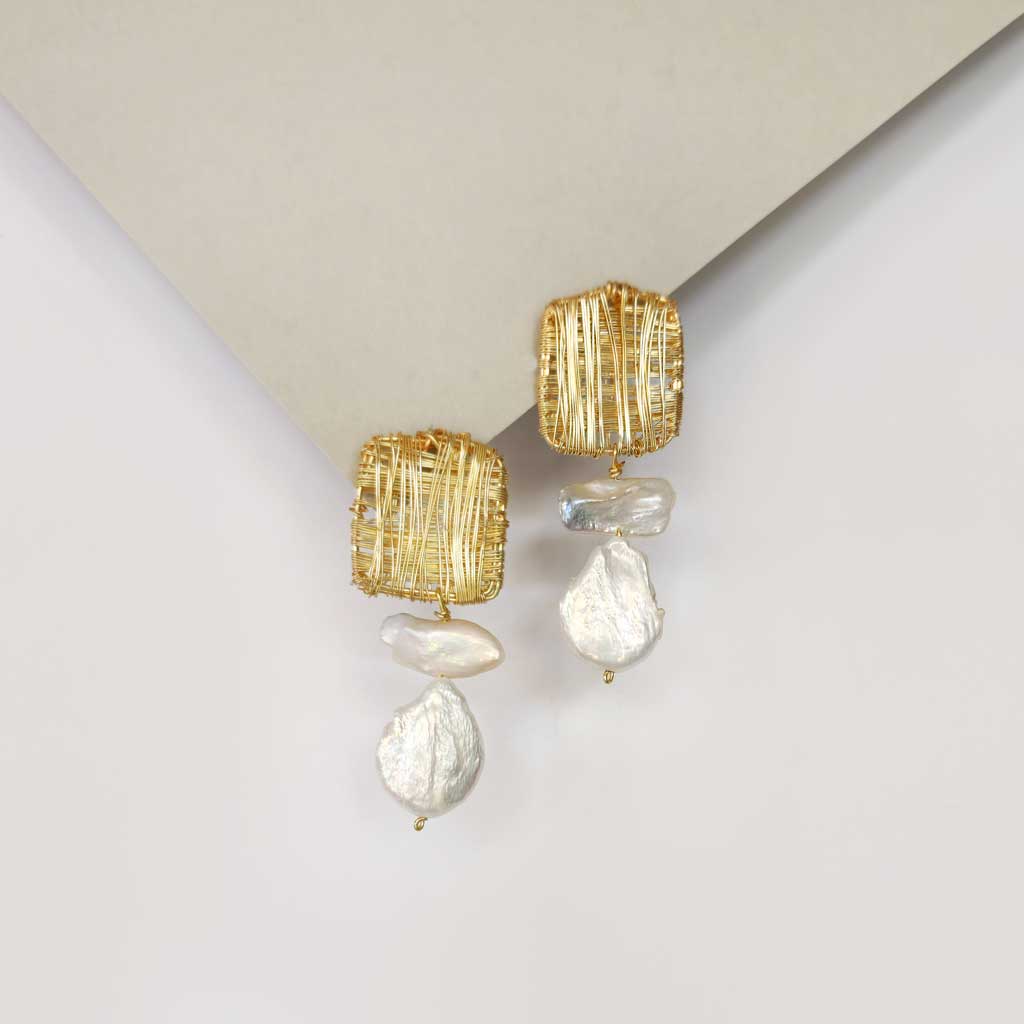 Wired Square with Pearls Statement Earrings
