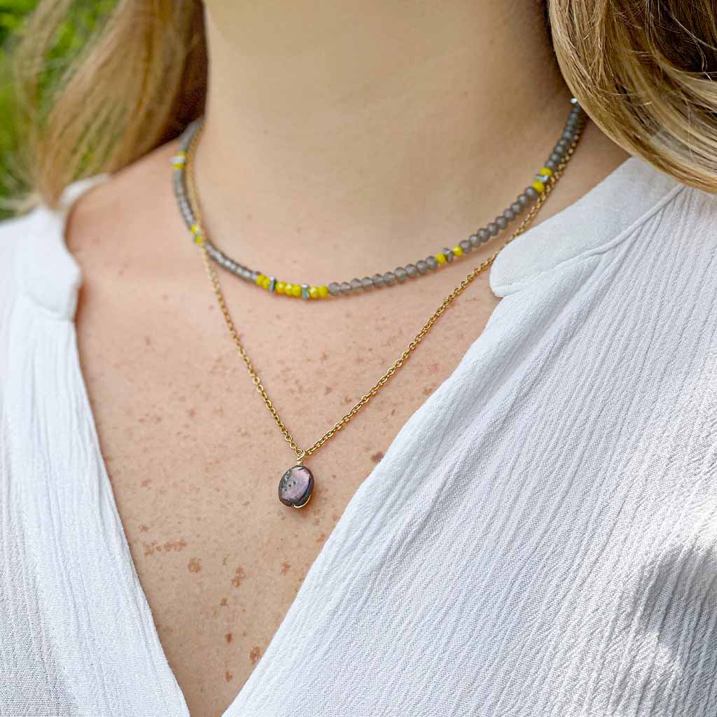 Gray and Yellow Crystals with Pearl Double Necklace