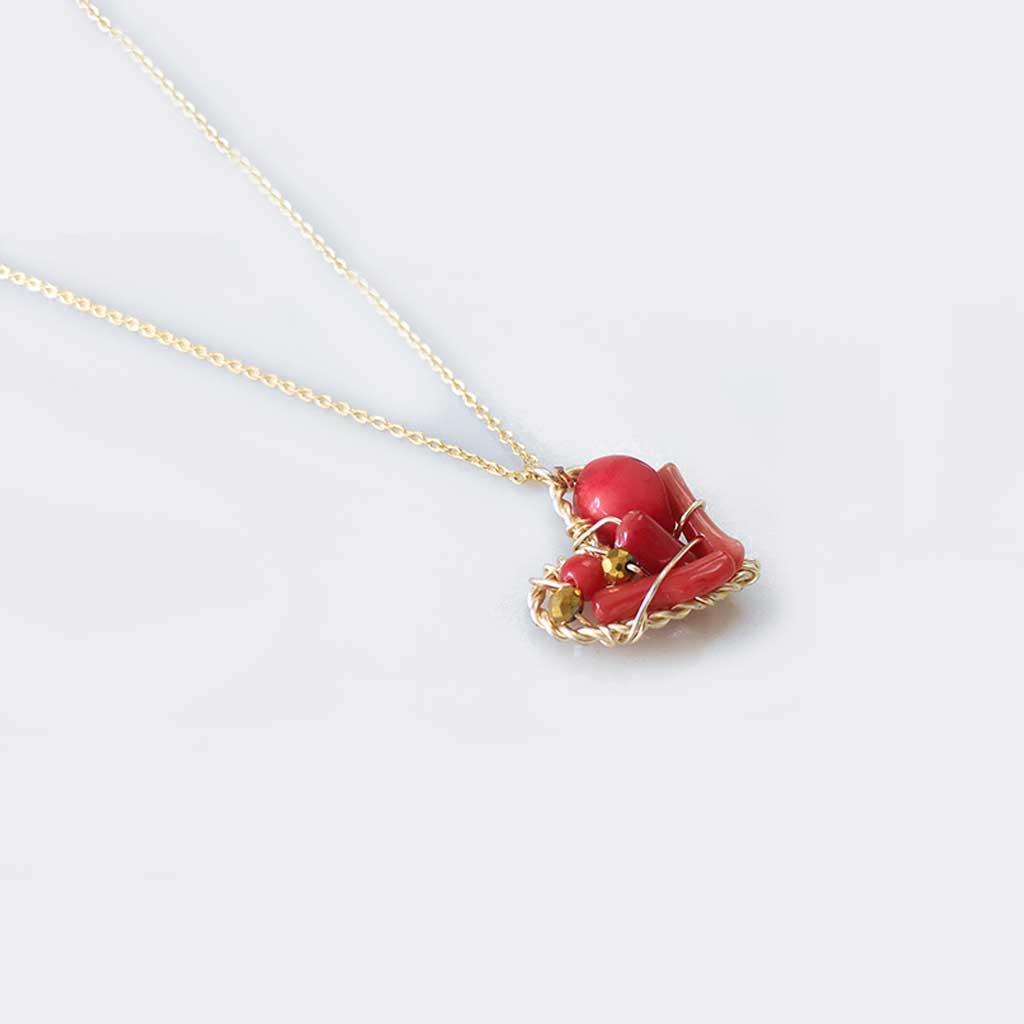 Red Corals and Pearls Heart Necklace