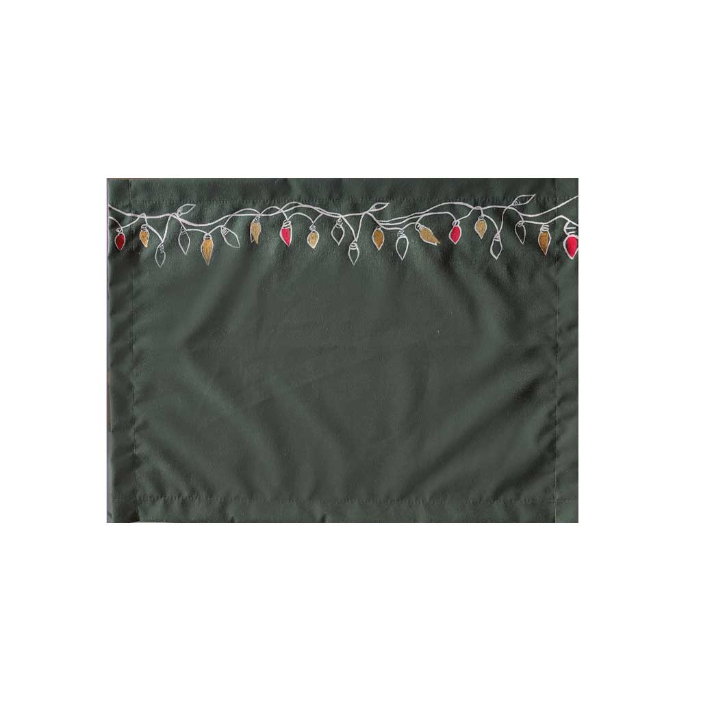 Christmas Lights Collection,  Set of 4, Dark Green Handpainted Cotton Placemats