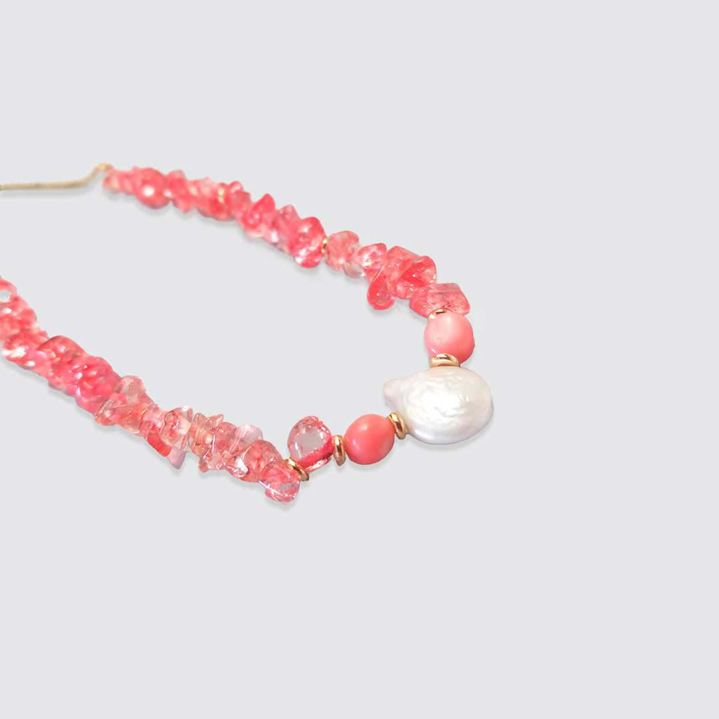 Pink Coral, Quartz and Pearls Medium Necklace